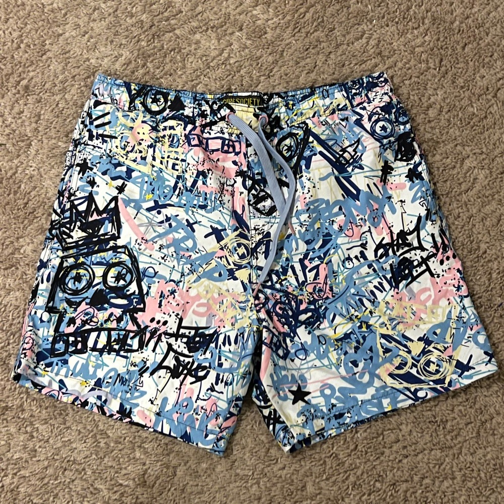 Stylish Graphic Swim Trunks - Blue and Pink